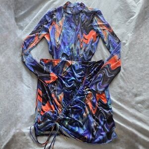 Fashion Nova Marble Mesh Cropped Long Sleeve Mock Neck Body Suit & Ruched Skirt